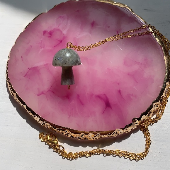 Labradorite Mushroom Pendant Labradorite Necklace Gold Crystal Mushroom Necklace - Picture 2 of 6